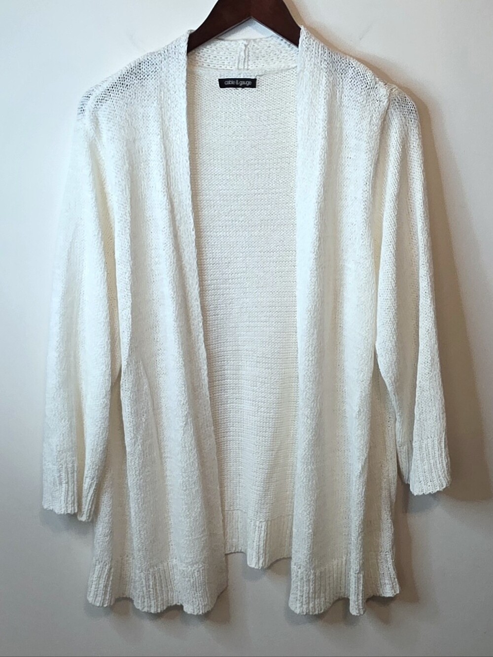 Cable & Gauge Tape Yarn Open Cardigan Size XL Ivory White